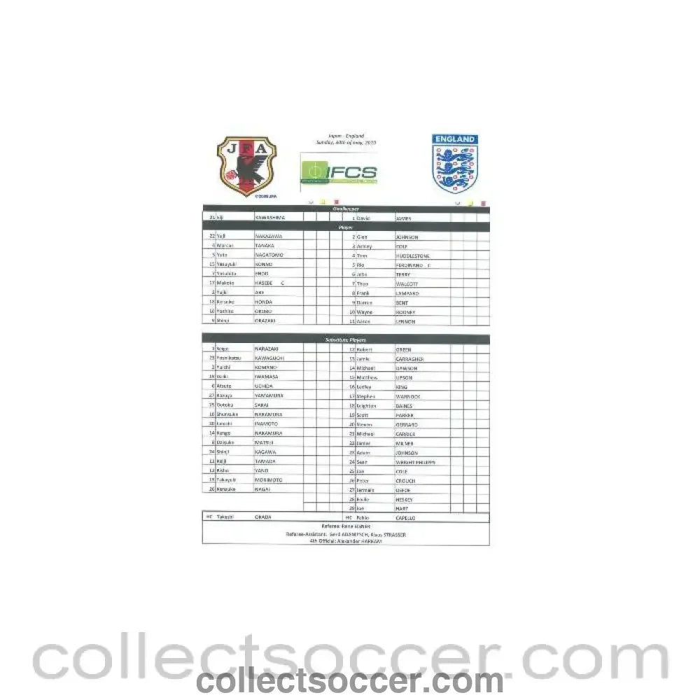 2010 - Japan v England official colour teamsheet 30/05/2010 - Collect Soccer