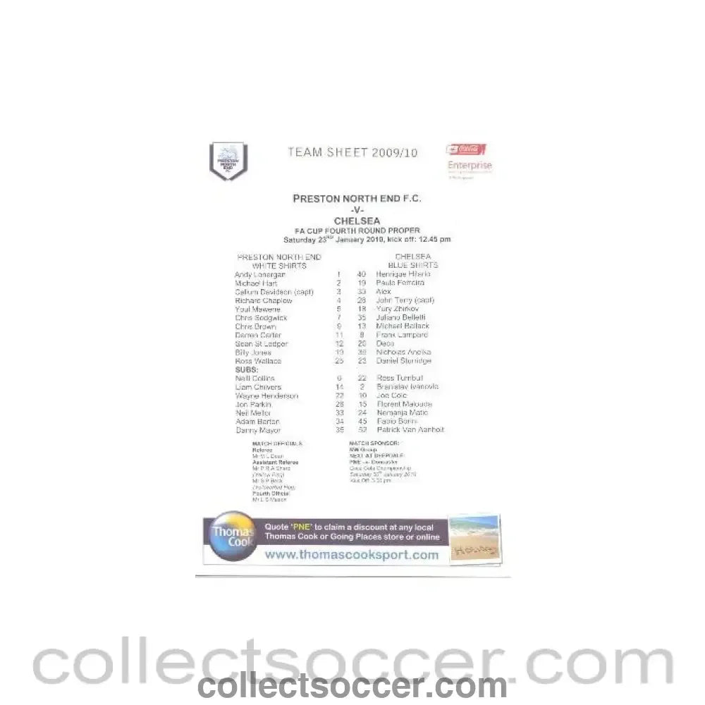 2010 - Preston North End v Chelsea teamsheet 23/01/2010 - Collect Soccer