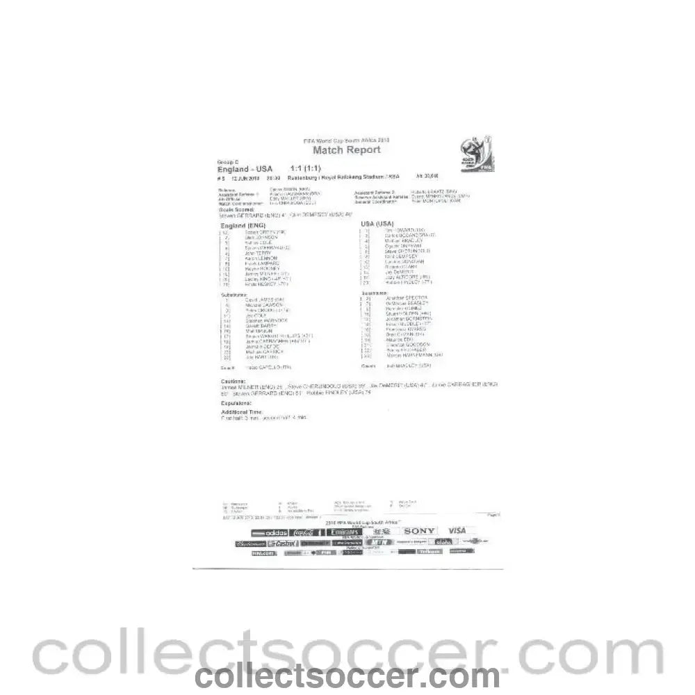 2010 World Cup official black and white full - time Match Report England v USA 12/06/2010 - Collect Soccer