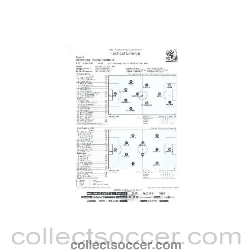 2010 World Cup official black and white Tactical Line-Up Argentina v South Korea 17/06/2010