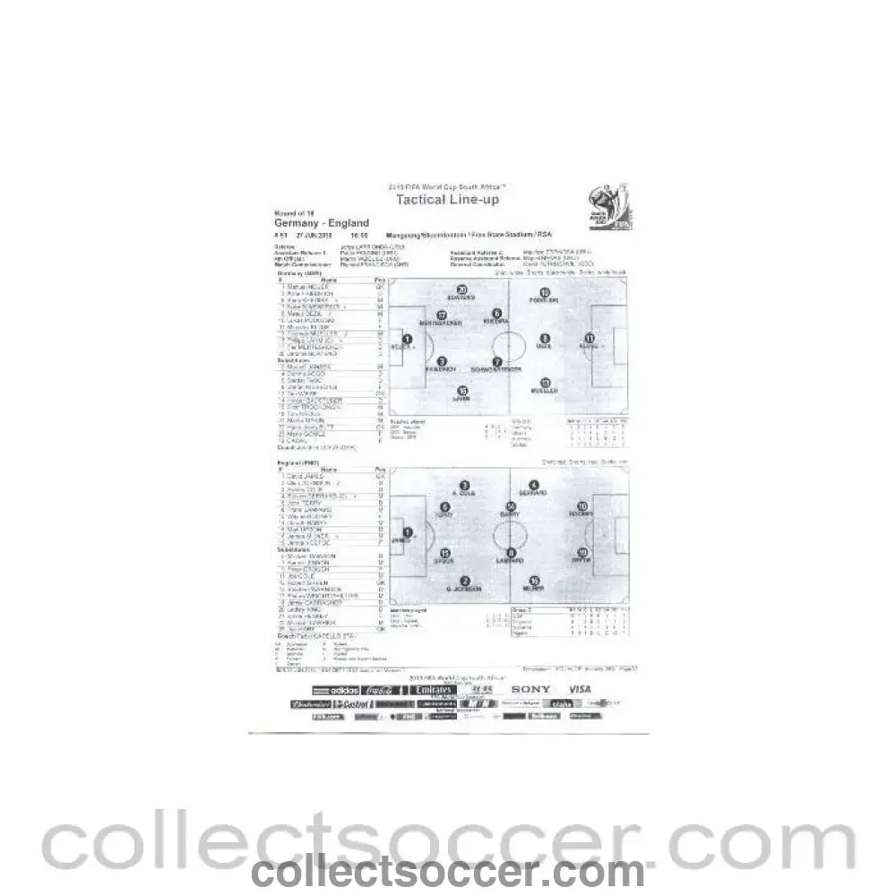 2010 World Cup official black and white Tactical Line - Up Germany v England 27/06/2010 - Collect Soccer