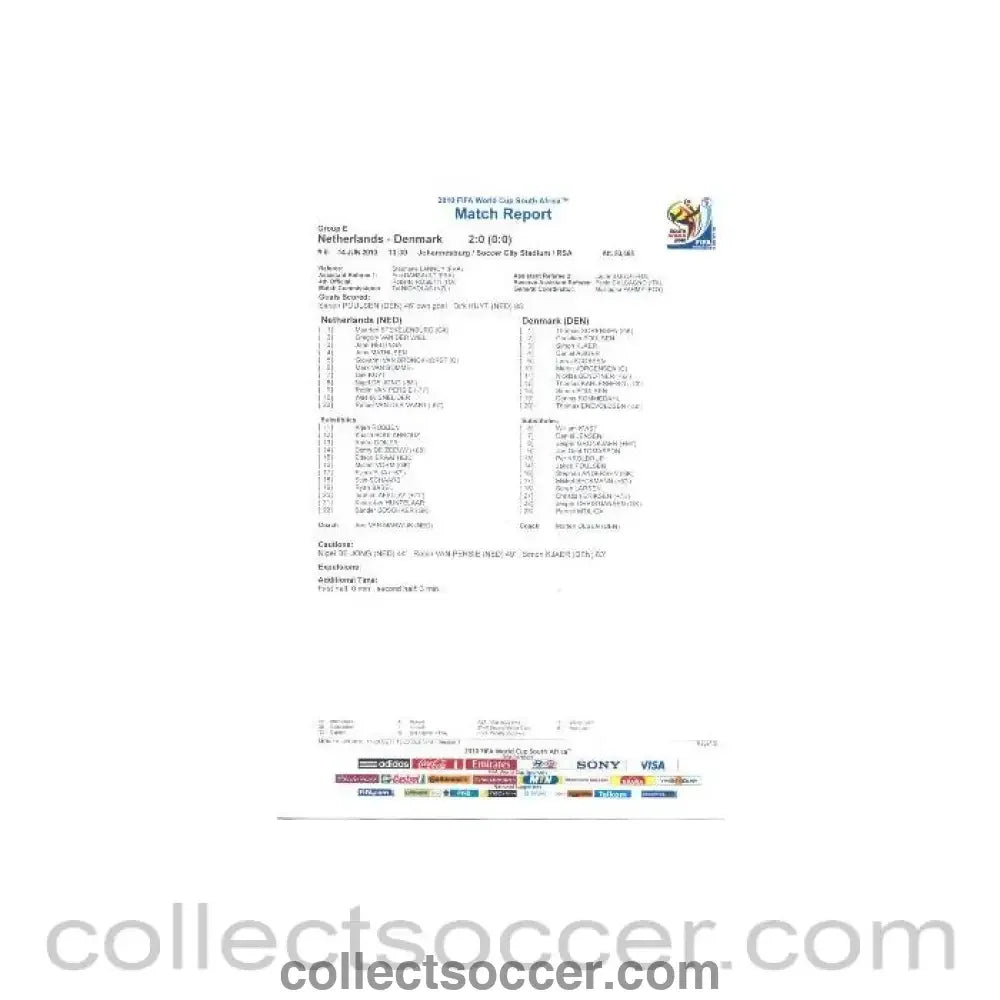 2010 World Cup official colour full - time Match Report Netherlands v Denmark 14/06/2010 - Collect Soccer
