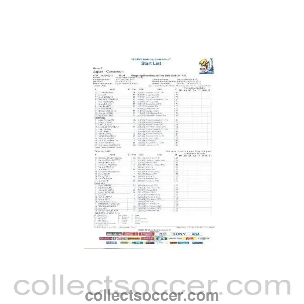 2010 World Cup official colour Start List Japan v Cameroon 14/06/2010