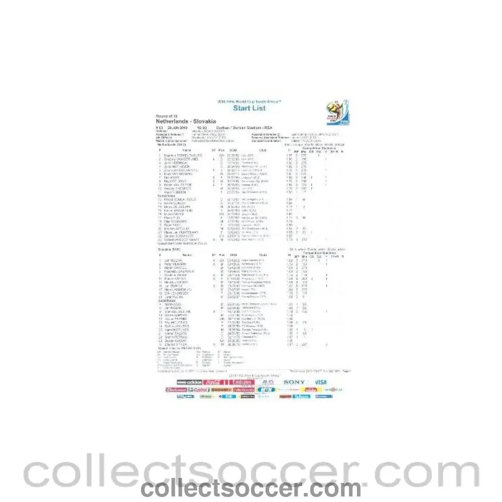 2010 World Cup official colour Start List Netherlands v Slovakia 28/06/2010 - Collect Soccer