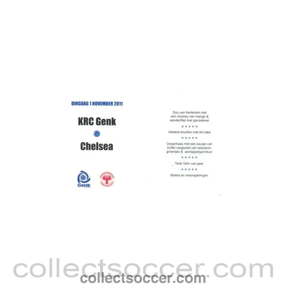 2011 - KRC Genk v Chelsea 01/11/2011 VIP Menu Champions League - Collect Soccer