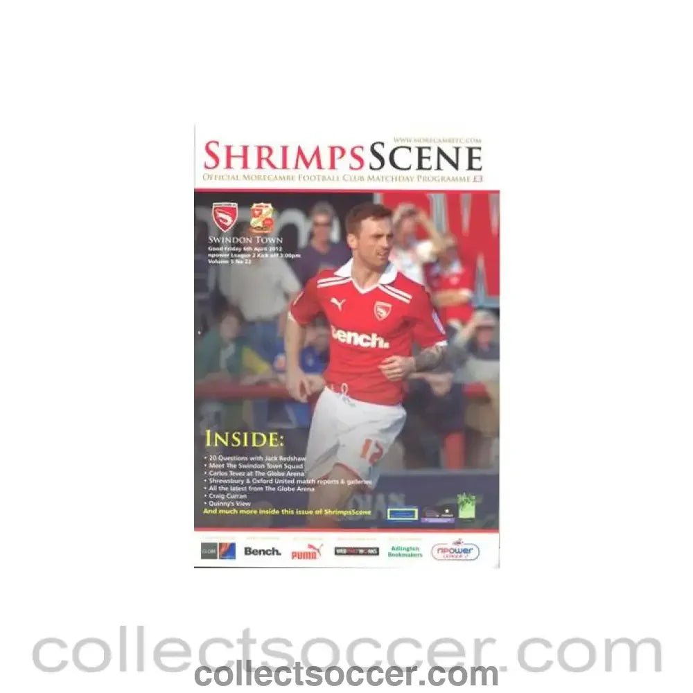 2012 - Morecambe v Swindon Town official programme 06/04/2012 Football League - Collect Soccer