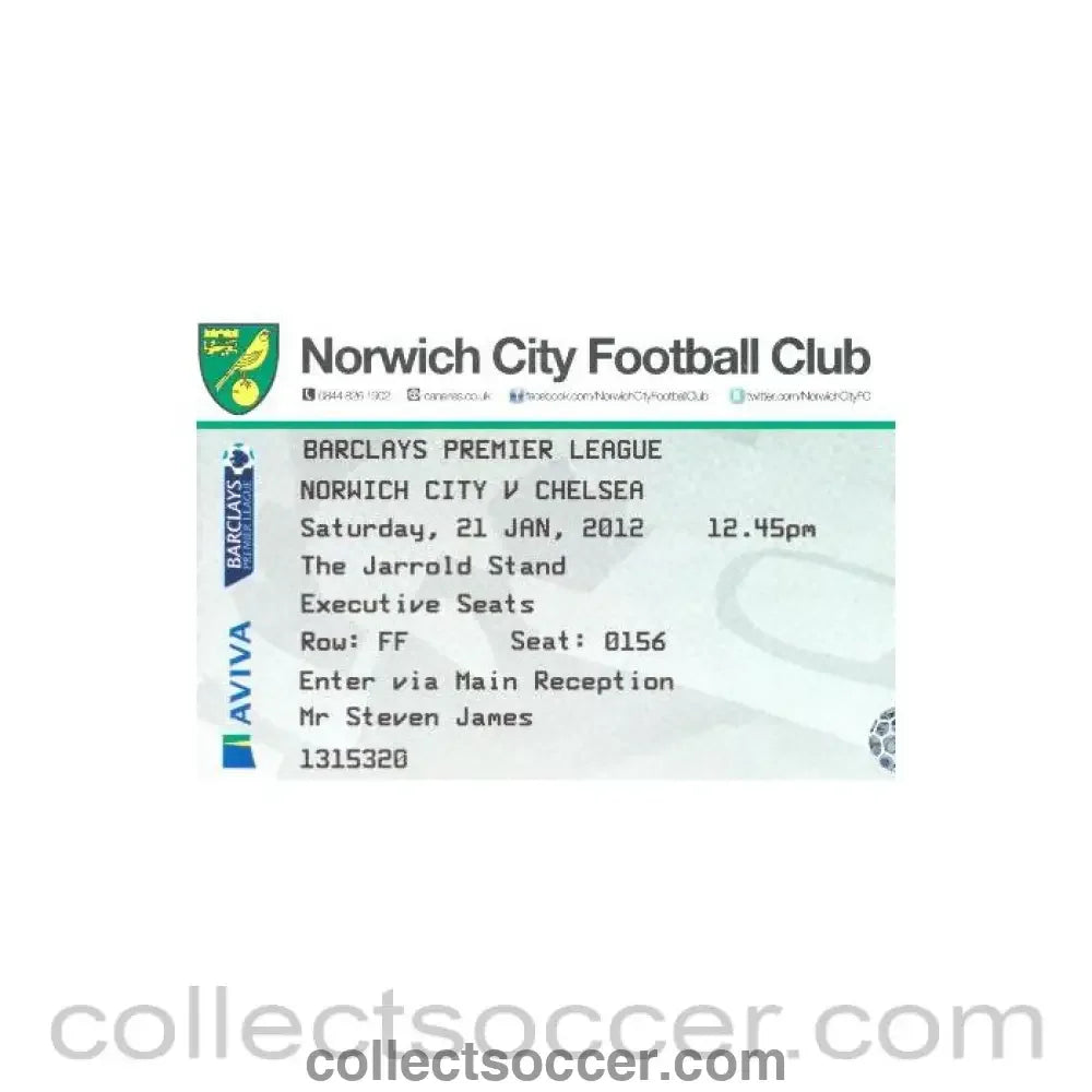 2012 - Norwich City v Chelsea used ticket 21/01/2012 Premier League
