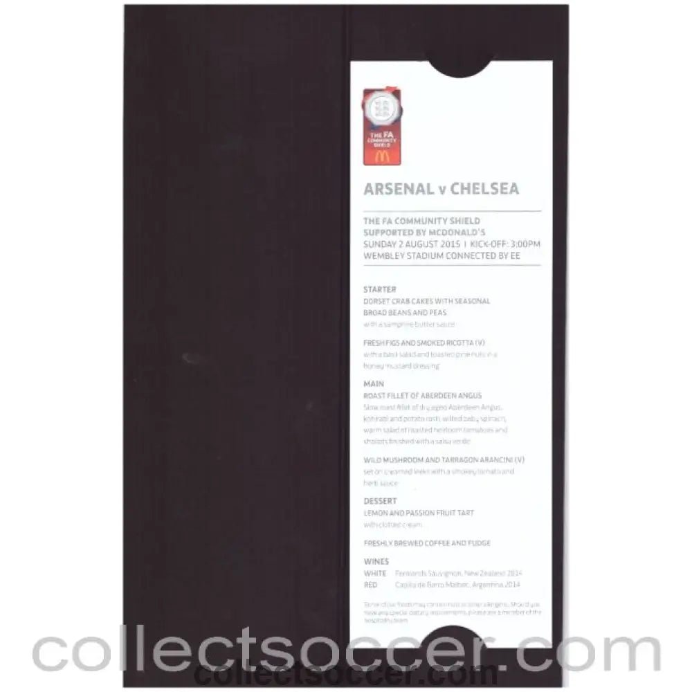 2015 Charity Shield Arsenal v Chelsea Rare Royal Box Menu - Collect Soccer