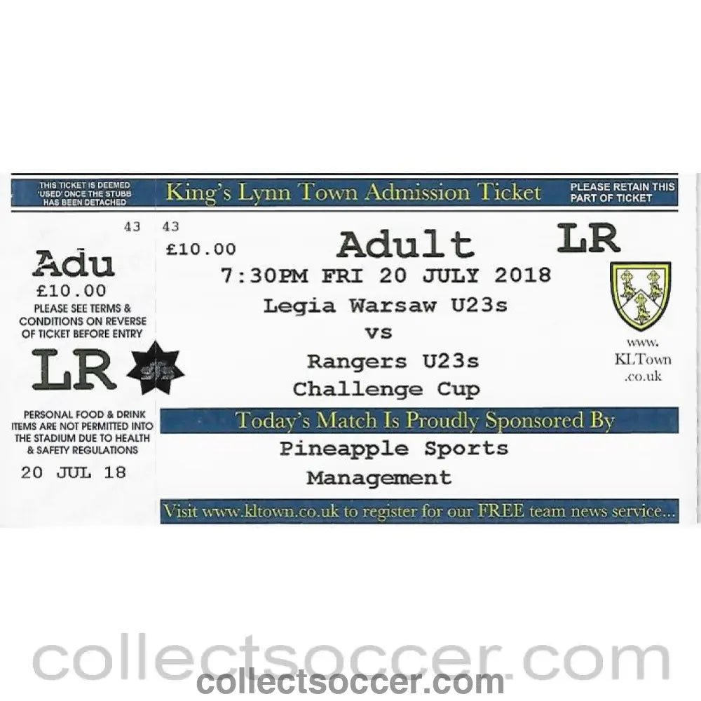 2018 - Ticket - Glasgow Rangers v Legia Warsaw 2018 King's Lynn Challenge Trophy - Collect Soccer