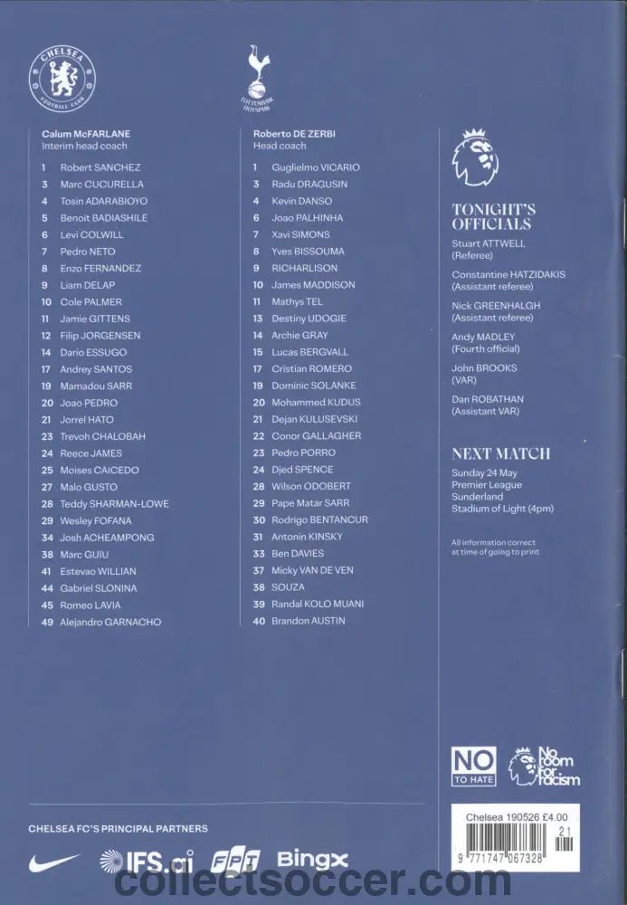 2026 Chelsea v Tottenham Hotspur Official Programme - Collect Soccer