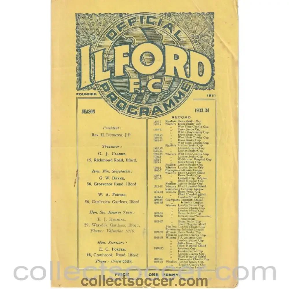 At Ilford Clapton v Wimbledon LSC Semi Final 24/2/1934 Offiical Programme - Collect Soccer
