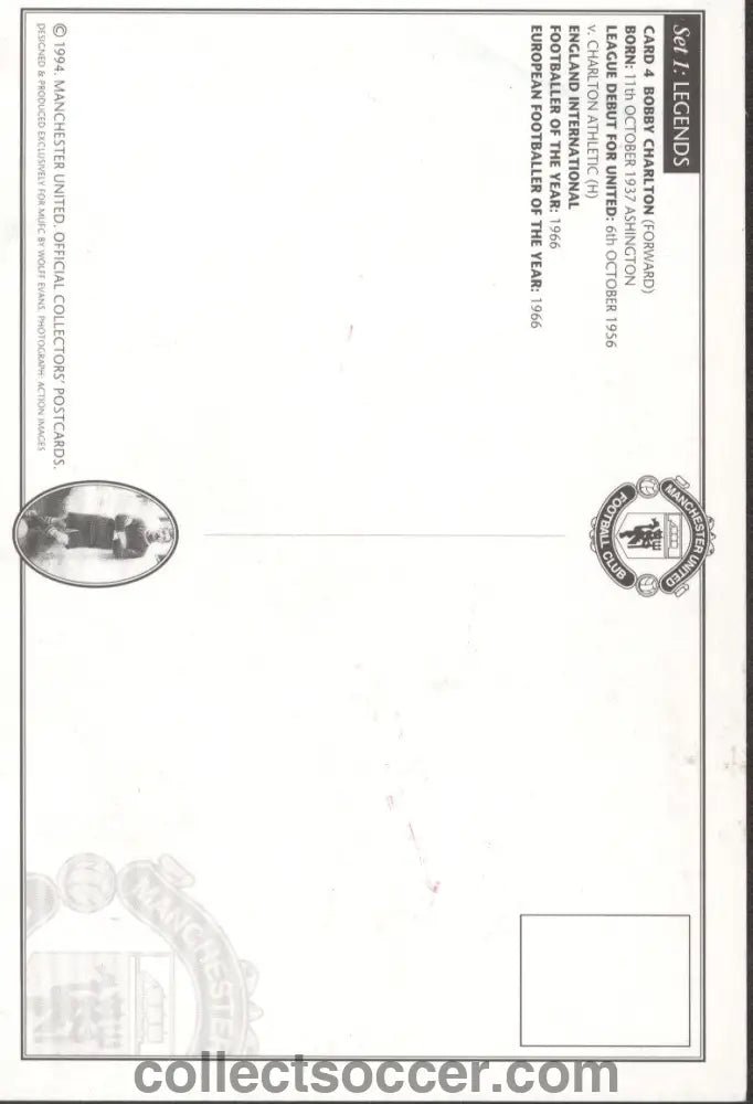 Bobby Charlton Original Signature on a Manchester United Postcard. - Collect Soccer