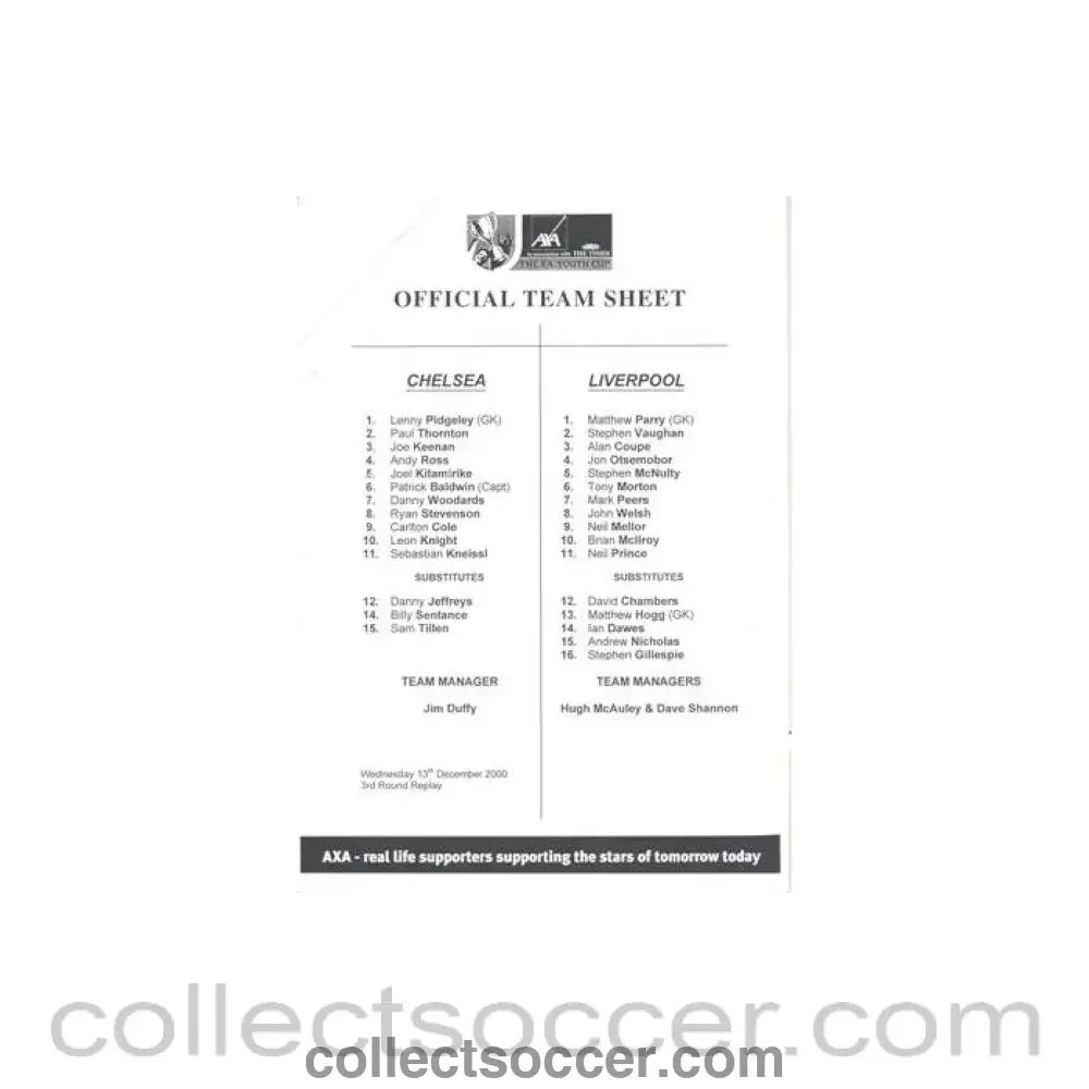 Chelsea v Liverpool official teamsheet of an unknown season F.A. Youth Cup - Collect Soccer