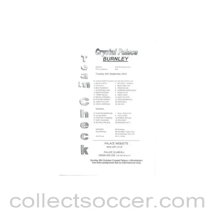 2000 - Crystal Palace v Burnley official teamsheet 26/09/2000 - Collect Soccer