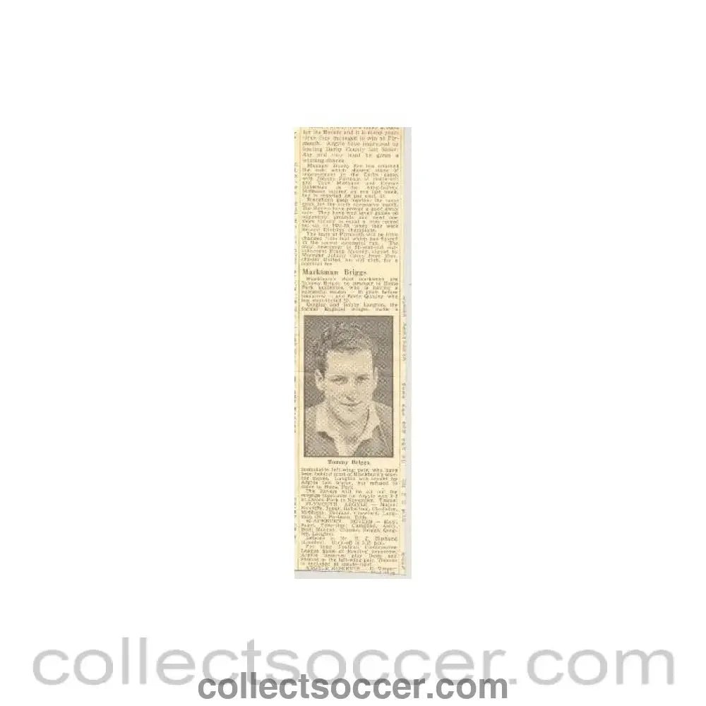 Newspaper Cutting - a short article about Tommy Briggs, titled Marksman Briggs - Collect Soccer