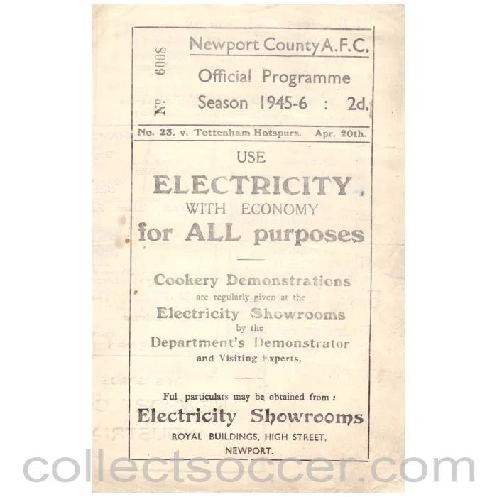1946 Newport County v Tottenham Hotspur Official Programme - Collect Soccer