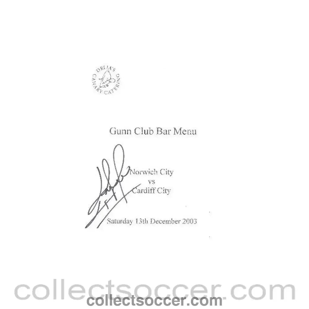 Norwich City v Cardiff City signed menu 13/12/2003 - Collect Soccer