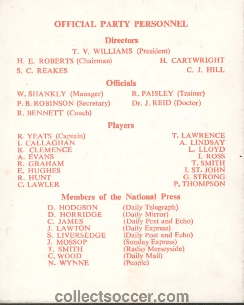 Very Rare Liverpool Player Itinerary Vitoria Setubal v Liverpool 1969 - Collect Soccer
