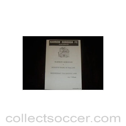 1988 - Harrow Borough v Reserve Bank of Malawi official programme 31/08/1988, Semi - Professional International - Collect Soccer