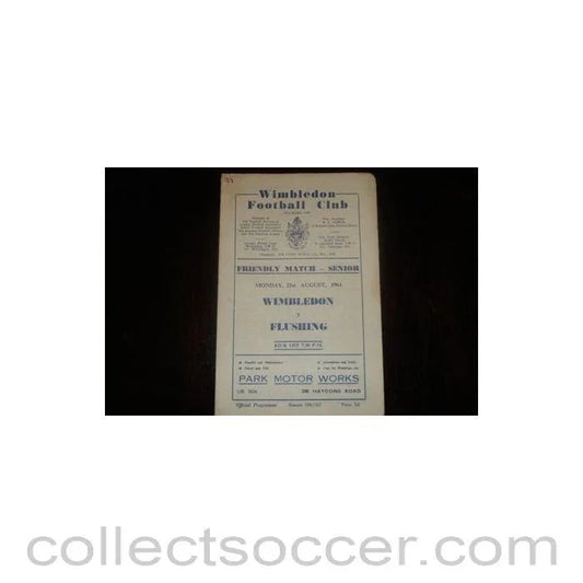 1961 - Wimbledon v Flushing official programme 21/08/1961, Semi - Professional - Collect Soccer