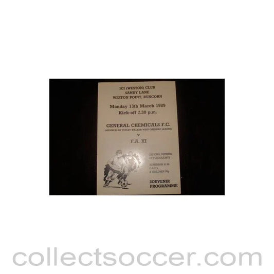 1989 - General Chemicals F.C. v F.A. XI official programme 13/03/1989 Semi - Professional - Collect Soccer