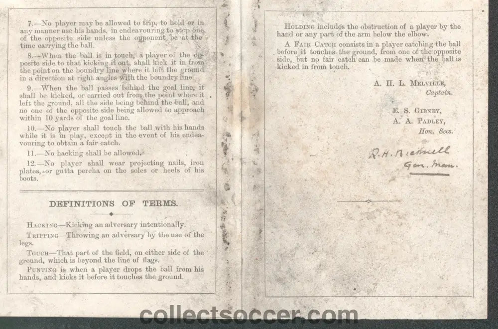 1869 Very Rare Museum Piece - Lincoln Football Club - Manager's copy of the Club Rules - Collect Soccer