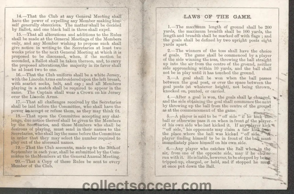 1869 Very Rare Museum Piece - Lincoln Football Club - Manager's copy of the Club Rules - Collect Soccer