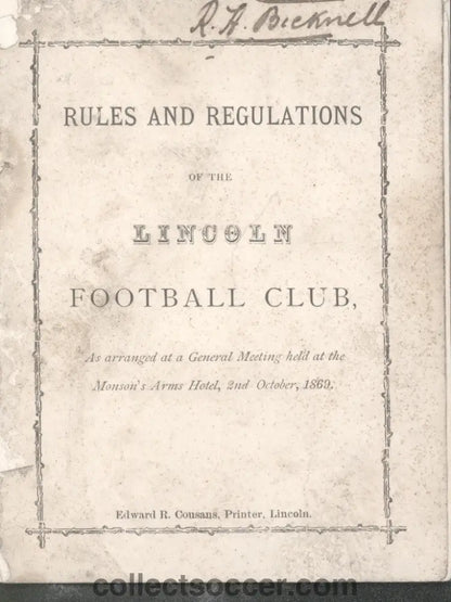 1869 Very Rare Museum Piece - Lincoln Football Club - Manager's copy of the Club Rules - Collect Soccer