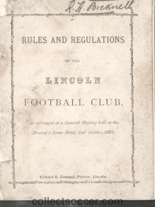 1869 Very Rare Museum Piece - Lincoln Football Club - Manager's copy of the Club Rules - Collect Soccer