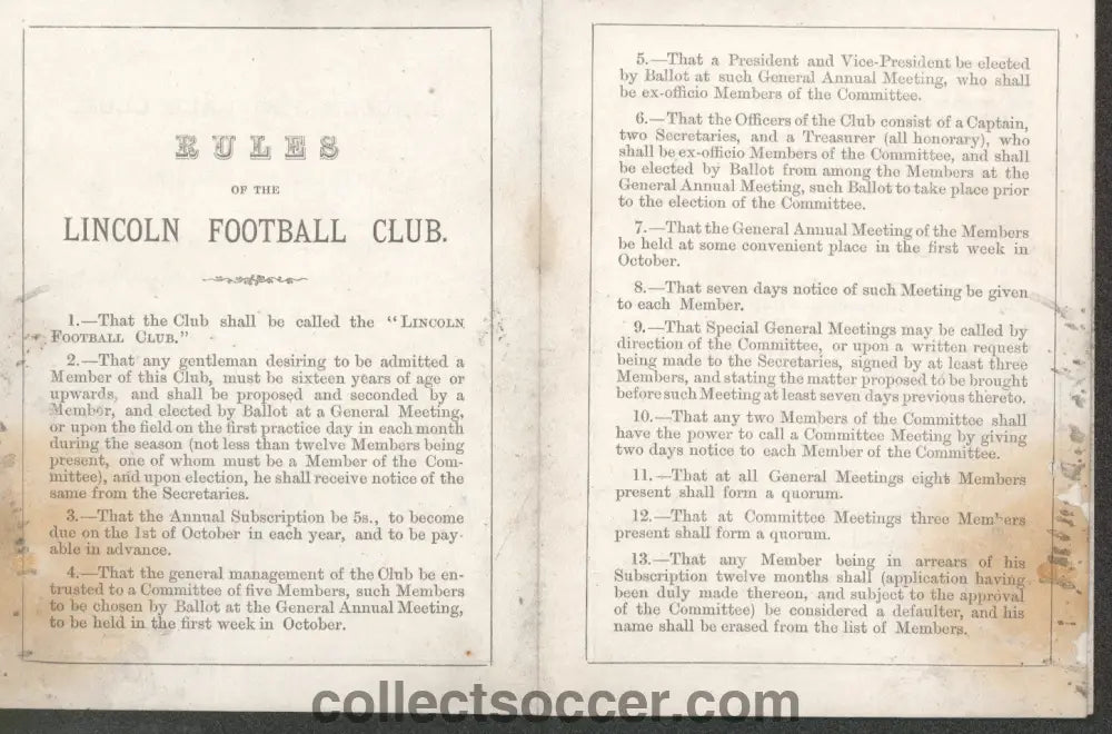 1869 Very Rare Museum Piece - Lincoln Football Club - Manager's copy of the Club Rules - Collect Soccer