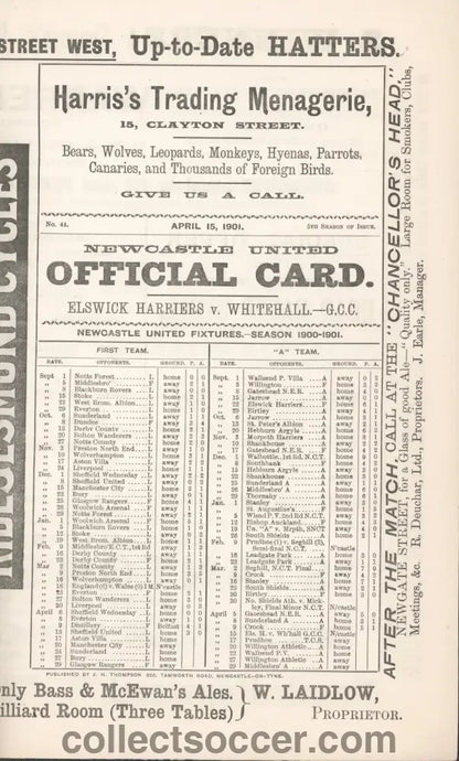 1901 At Newcastle United Elswick Harriers v Whitehall Programme - Collect Soccer