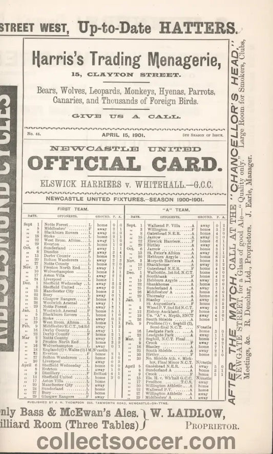 1901 At Newcastle United Elswick Harriers v Whitehall Programme - Collect Soccer