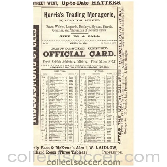 1901 At Newcastle United North Shields v Mickley Programme - Collect Soccer