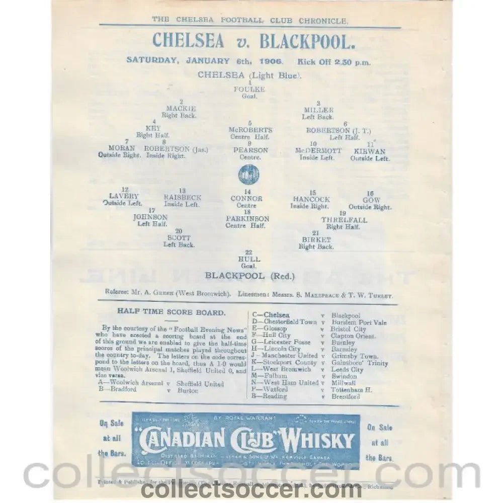 1906 - Chelsea v Blackpool 6/1/1906 First Ever Season Official Programme - Collect Soccer