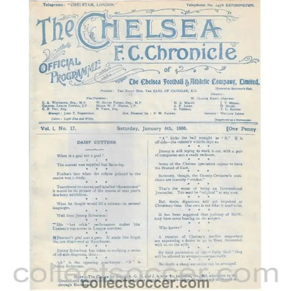 1906 - Chelsea v Blackpool 6/1/1906 First Ever Season Official Programme - Collect Soccer