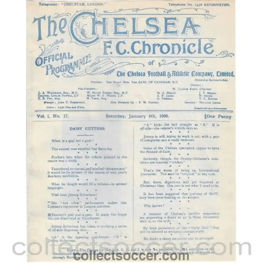1906 - Chelsea v Blackpool 6/1/1906 First Ever Season Official Programme - Collect Soccer