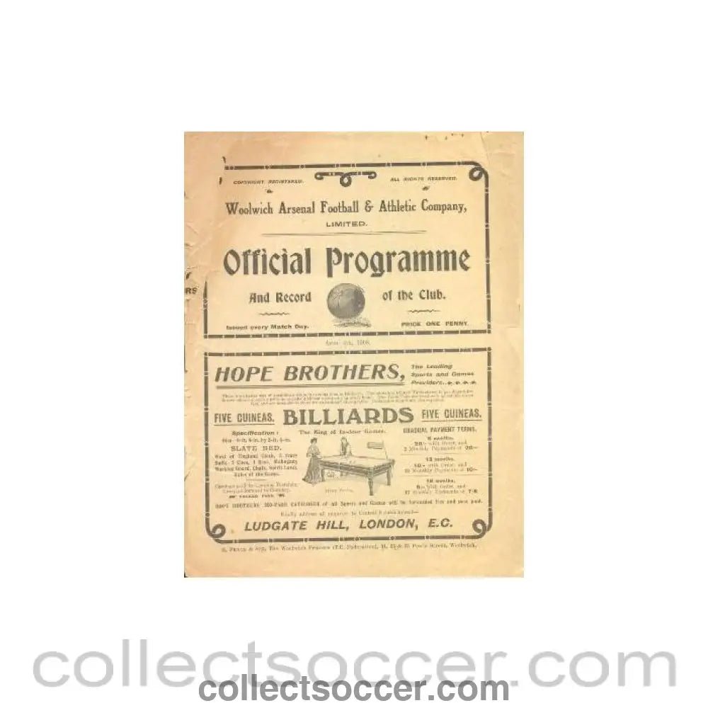 1908 - Arsenal v Bolton official programme 04/04/1908 Very Rare! - Collect Soccer