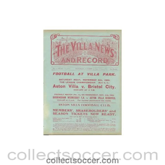 1909 - Aston Villa Reserves v Birmingham Reserves official programme 30/10/1909