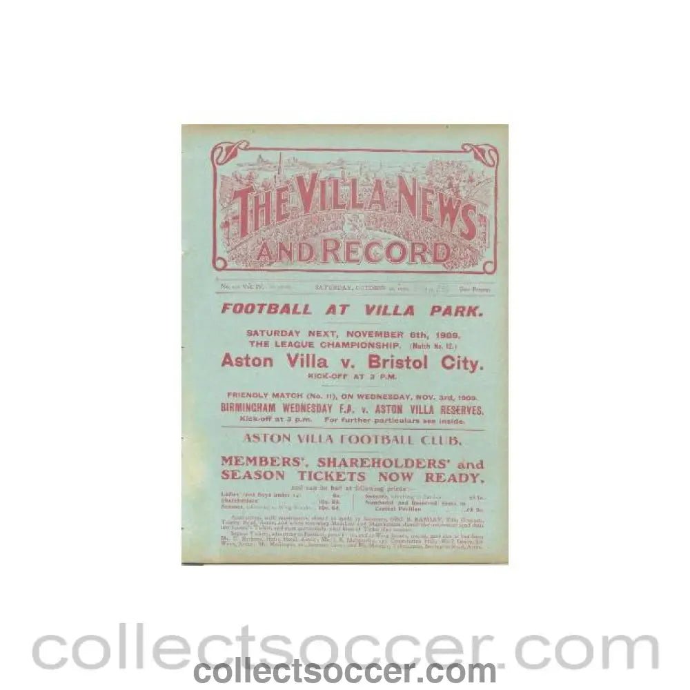 1909 - Aston Villa Reserves v Birmingham Reserves official programme 30/10/1909 - Collect Soccer