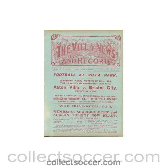 1909 - Aston Villa Reserves v Birmingham Reserves official programme 30/10/1909