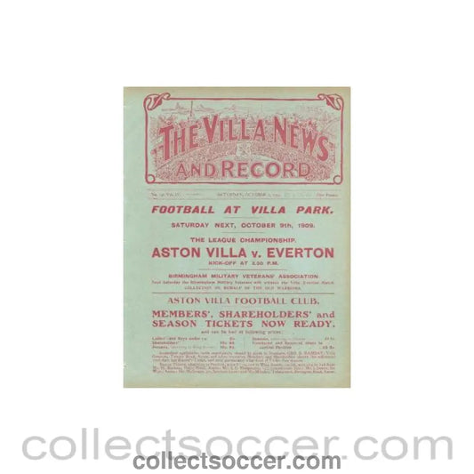 1909 - Aston Villa Reserves v Stoke official programme 02/10/1909