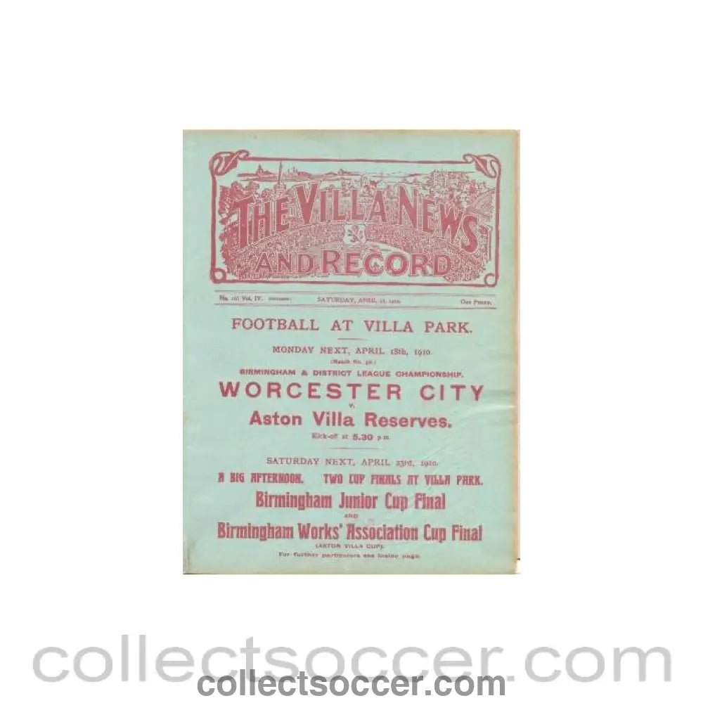 1910 - Aston Villa Reserves v Burton United Reserves official programme 16/04/1910 - Collect Soccer