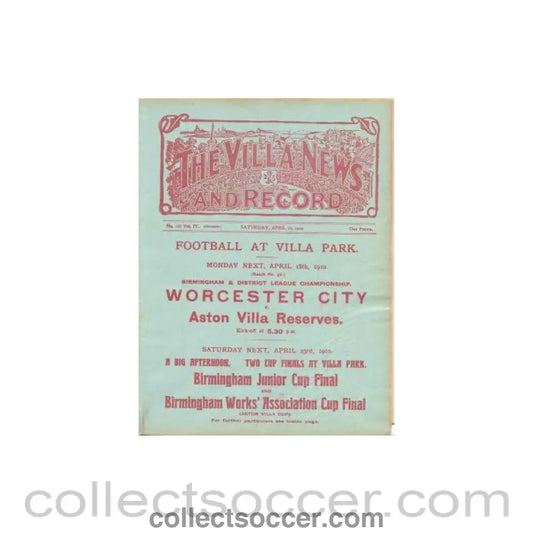 1910 - Aston Villa Reserves v Burton United Reserves official programme 16/04/1910