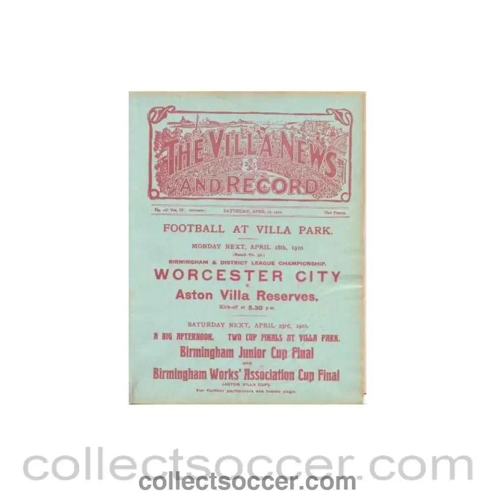 1910 - Aston Villa Reserves v Burton United Reserves official programme 16/04/1910 - Collect Soccer