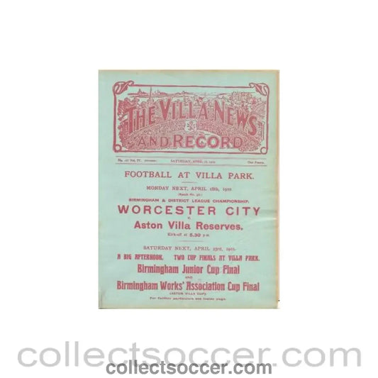 1910 - Aston Villa Reserves v Burton United Reserves official programme 16/04/1910