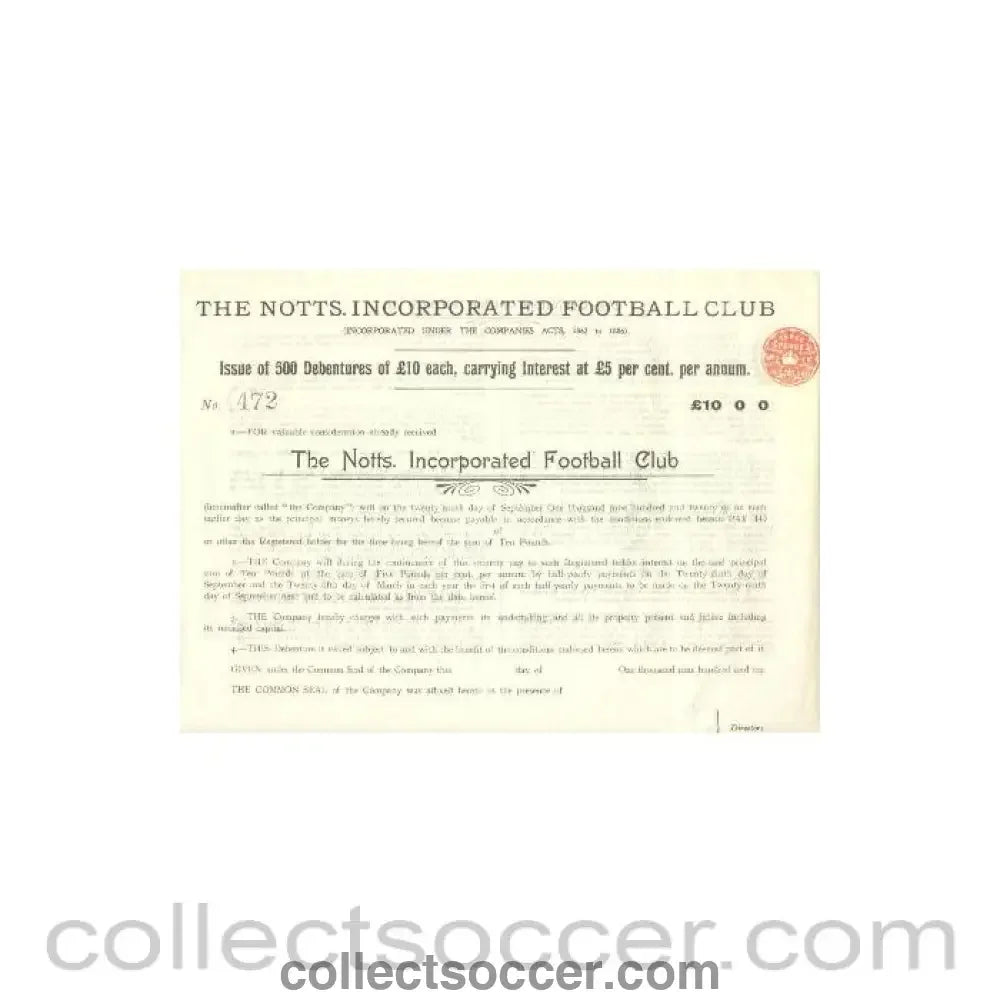 1910 - Notts County Football Club Debentures of 1910 replica - Collect Soccer