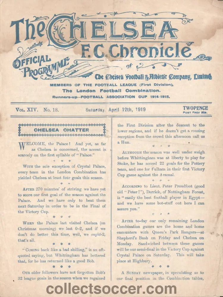 1919 Chelsea v Crystal Palace Rare Programme