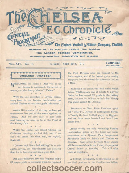 1919 Chelsea v Crystal Palace Rare Programme