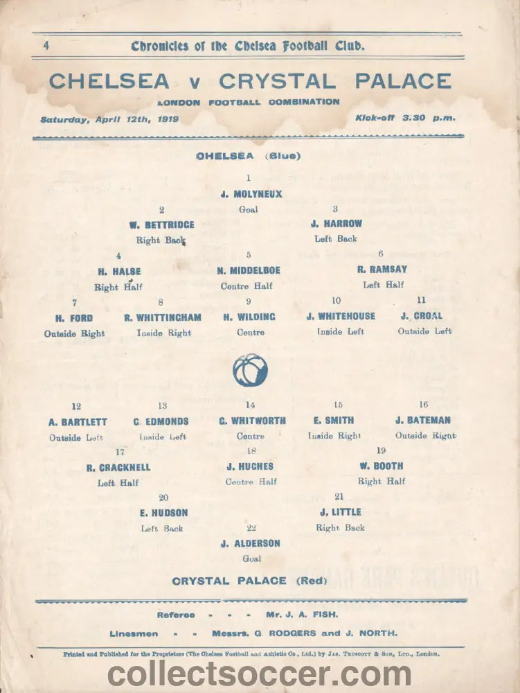 1919 Chelsea v Crystal Palace Rare Programme
