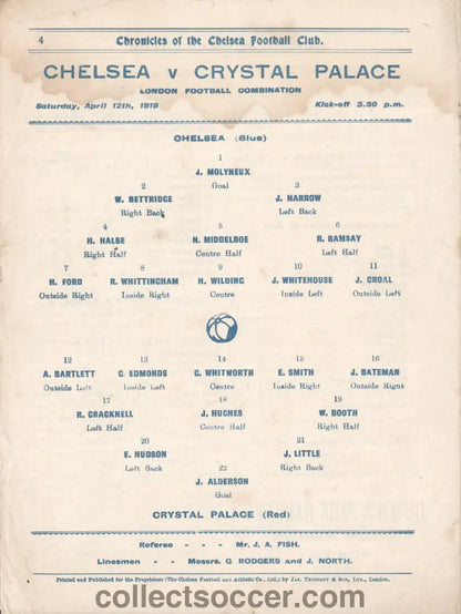 1919 Chelsea v Crystal Palace Rare Programme
